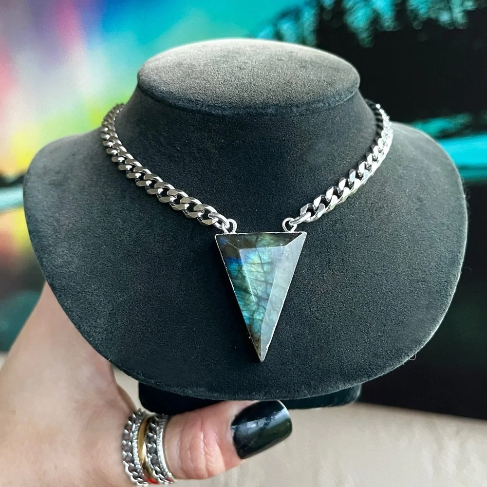 Green iridescent labradorite triangle shape stainless steel choker necklace